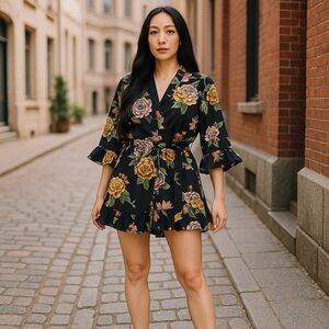 Boohoo Ruffle V-Neck Black‎ with Floral Print 1/2 Sleeves Wrap Style Romper